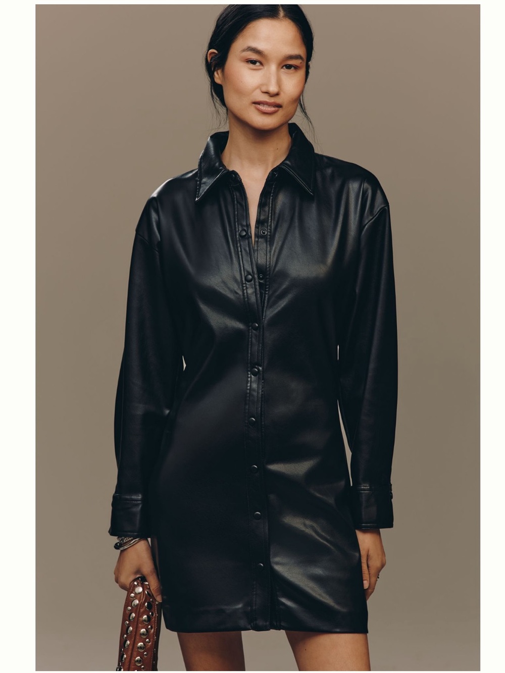 English Factory Long-Sleeve Faux Leather Mini Shirt Dress